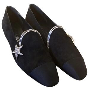 $1380 CHANEL G35833 Crystal Star Suede Loafers Black Grosgrain Cap Toe Flats 41
